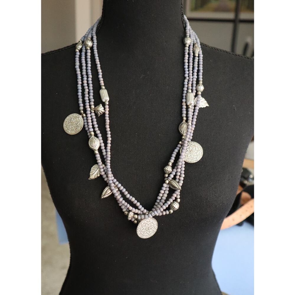 Vintage 90s Y2K Gray Lilac Beads Multi Strand Layered Silver tone Medallions